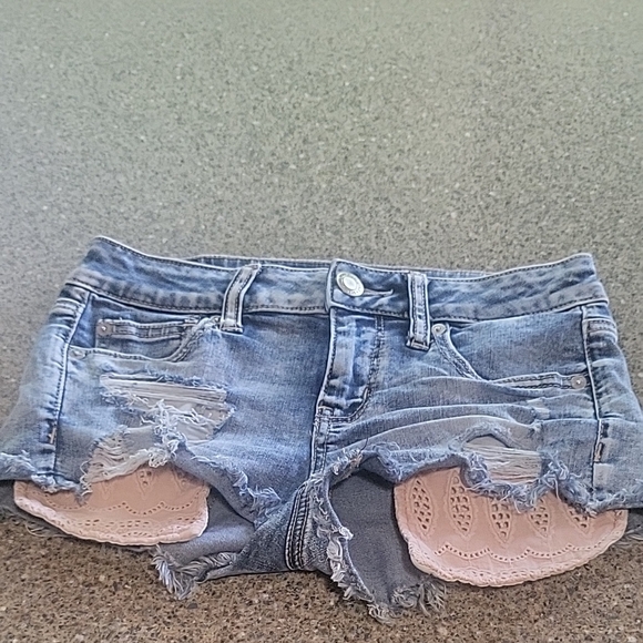American Eagle Outfitters Pants - American Eagle Outfitters Blue and Pink Jean Shorts Distressed Cut-Off